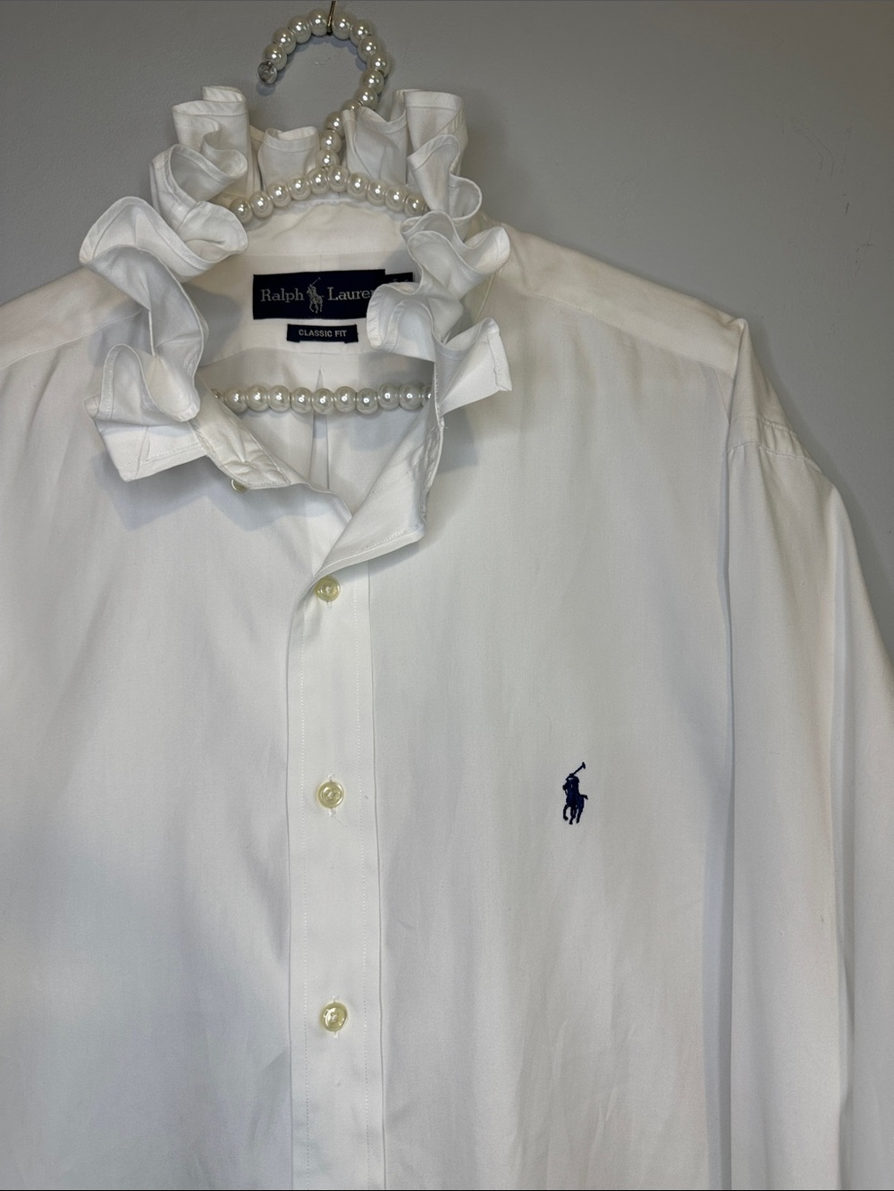 Ralph Lauren White Ruffled collar Shirt with Navy Pony